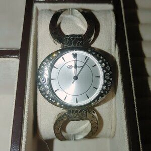 Brighton Watch Cuff Bracelet Silver Tone Crystal Accents Roman Numerals Womens